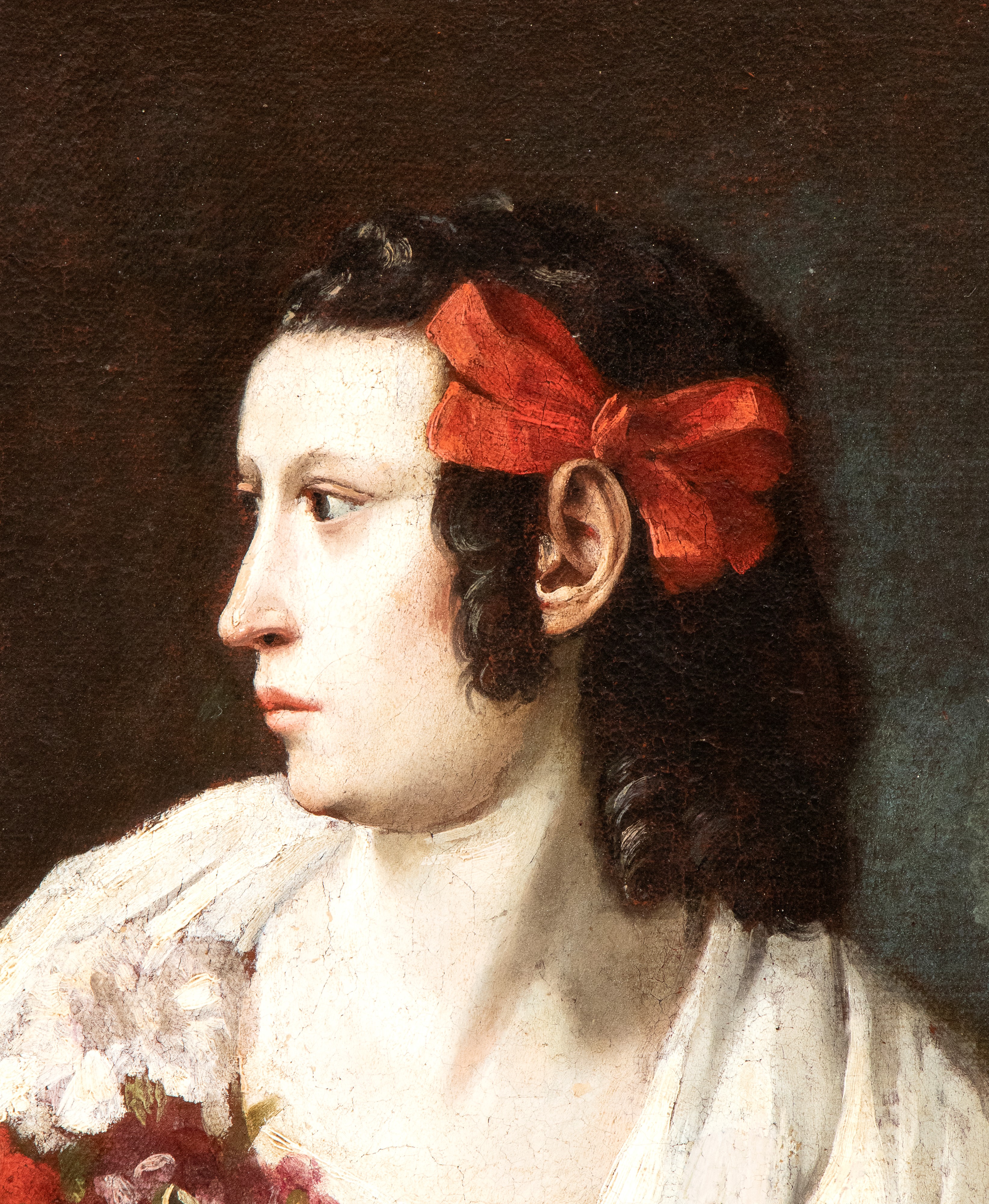 Artista Italiano, XVII - XVIII Secolo - Autore Non Identificato, Ritratto di donna con fiocco ros...