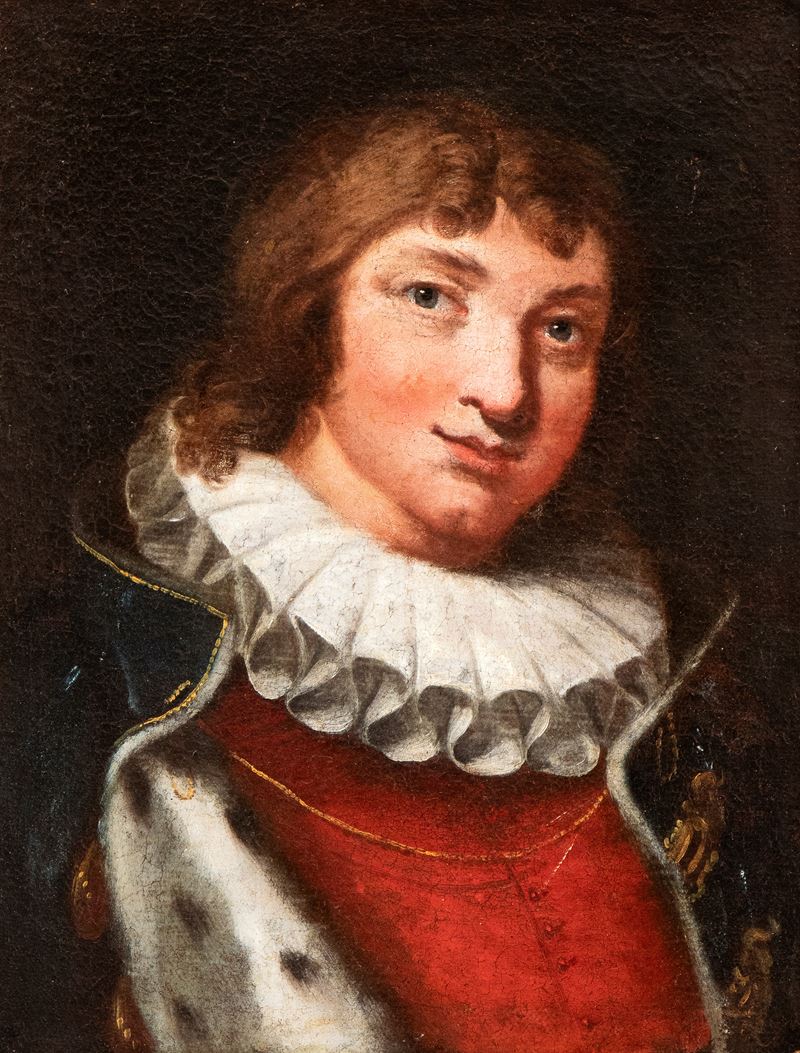 Artista Italiano, XVII - XVIII Secolo - Ritratto di giovane con gorgiera e mantello di pelliccia,...