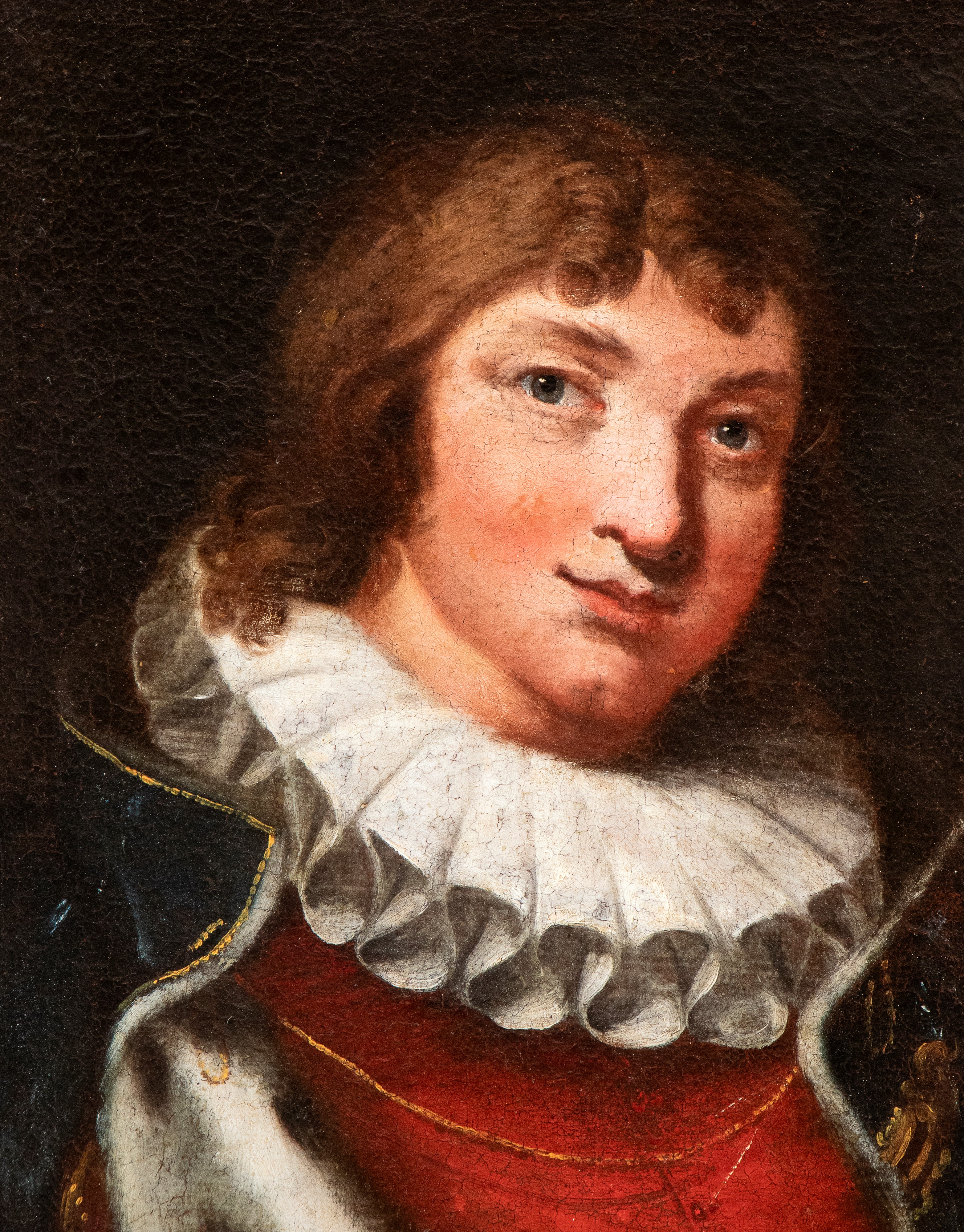 Artista Italiano, XVII - XVIII Secolo - Ritratto di giovane con gorgiera e mantello di pelliccia,...