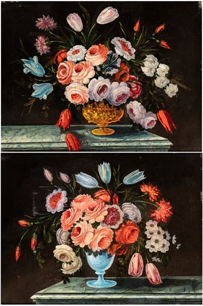 Bouquet di rose e tulipani in un vaso di metallo e in un vaso di vetro, olio su tela