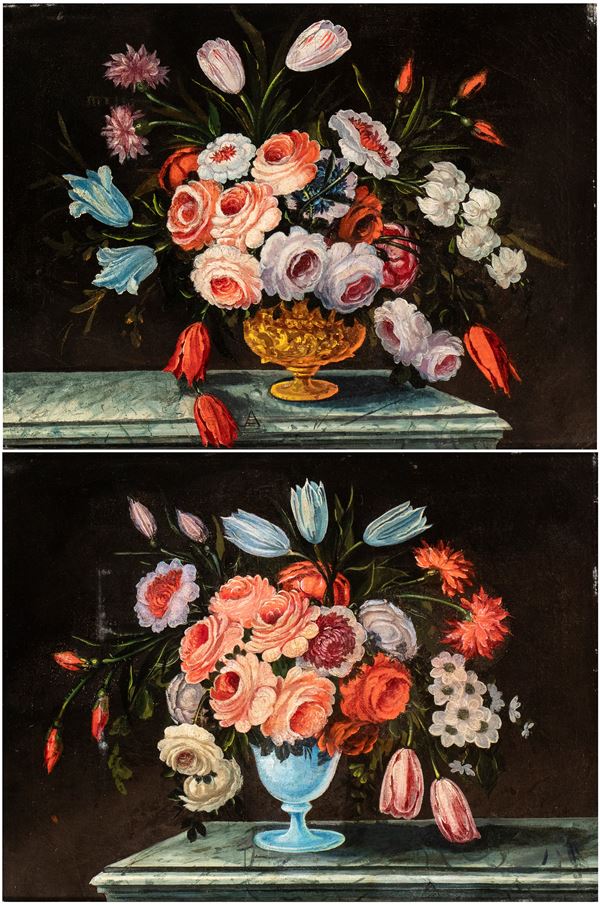 Artista francese XVIII - XIX secolo - a) Bouquet of roses and tulips in a metal vase; b) Bouquet of roses and tulips in a glass vase. A pair of paintings