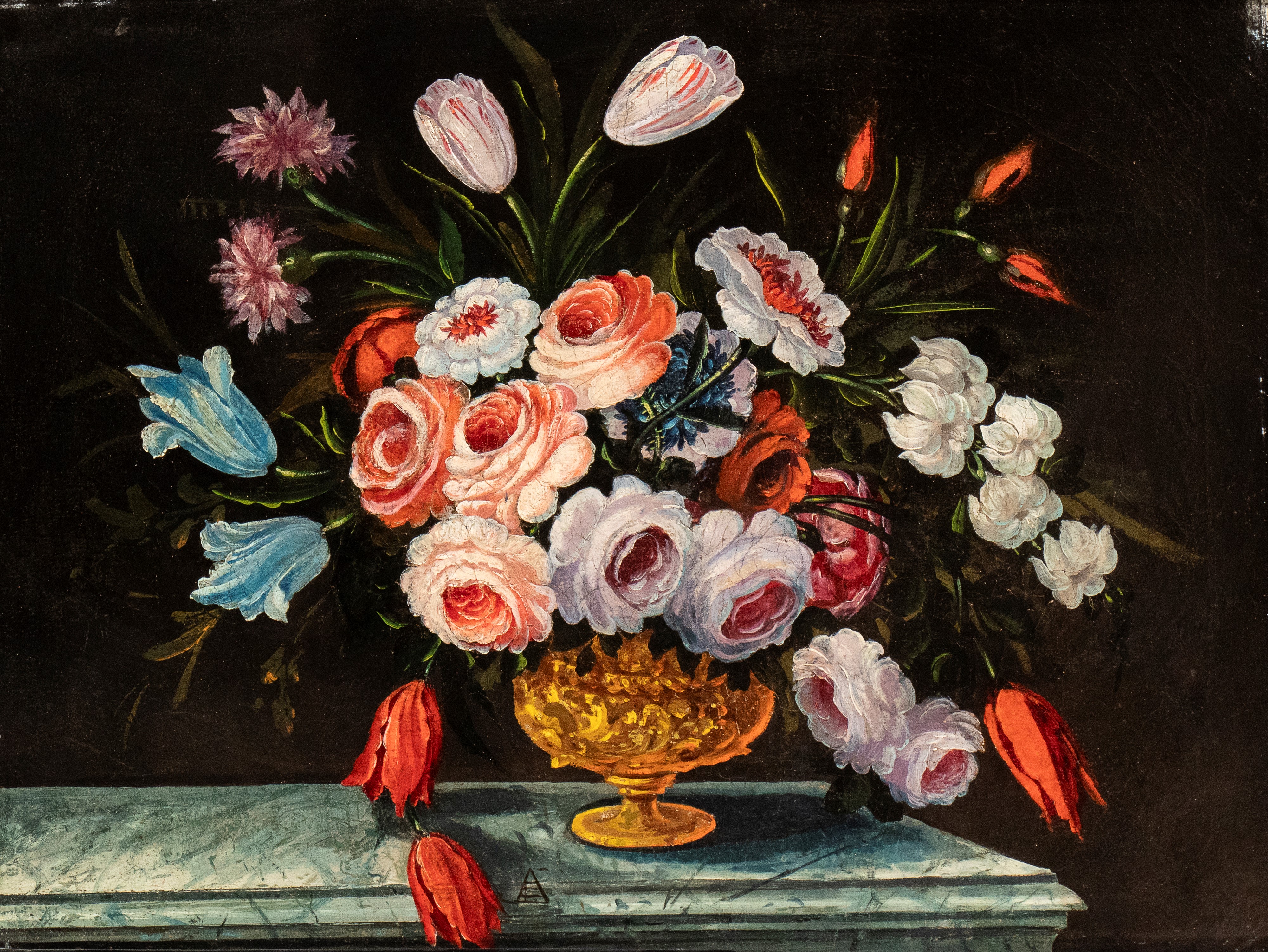 Artista Francese XVIII - XIX Secolo - Bouquet di rose e tulipani in un vaso di metallo e in un va...