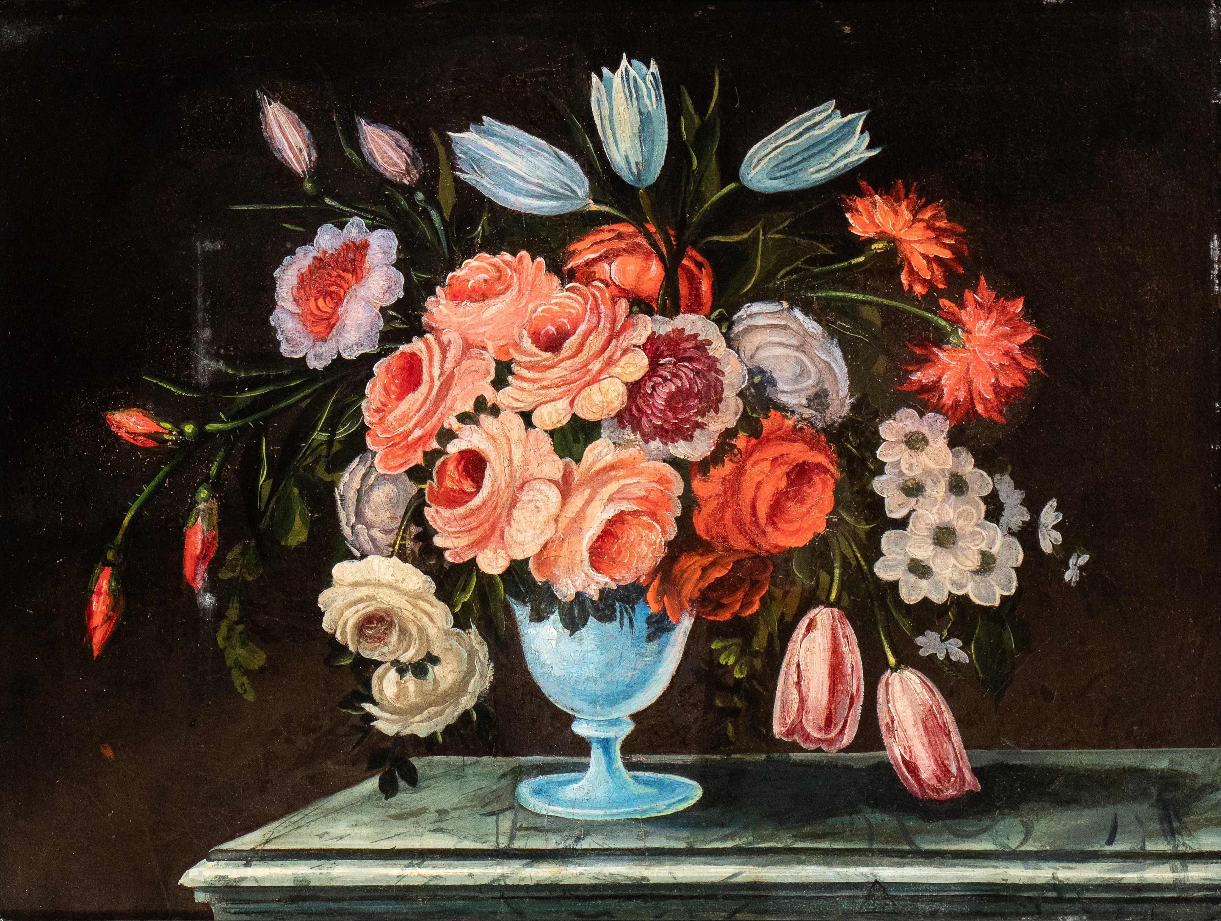 Artista Francese XVIII - XIX Secolo - Bouquet di rose e tulipani in un vaso di metallo e in un va...
