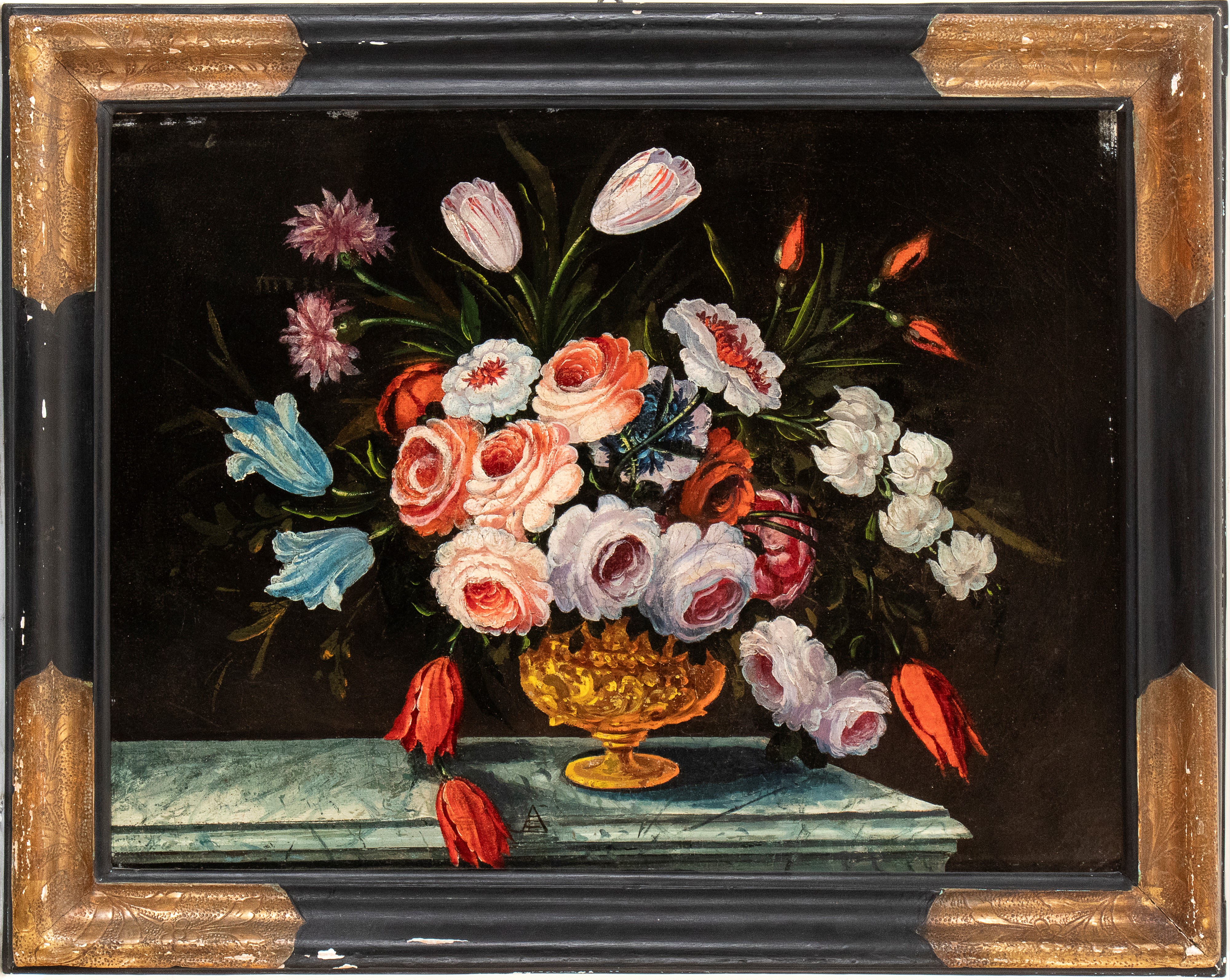 Artista Francese XVIII - XIX Secolo - Bouquet di rose e tulipani in un vaso di metallo e in un va...