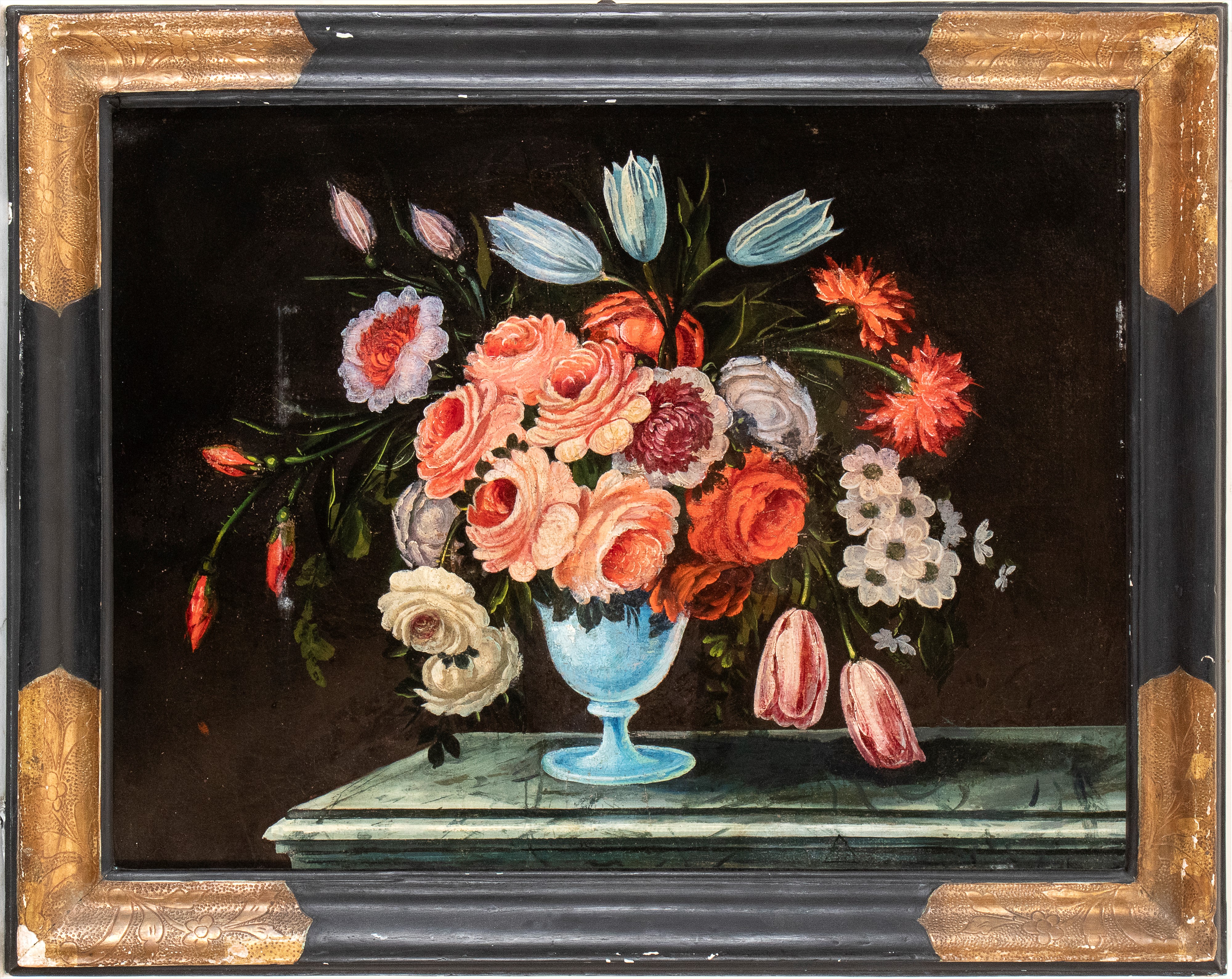 Artista Francese XVIII - XIX Secolo - Bouquet di rose e tulipani in un vaso di metallo e in un va...