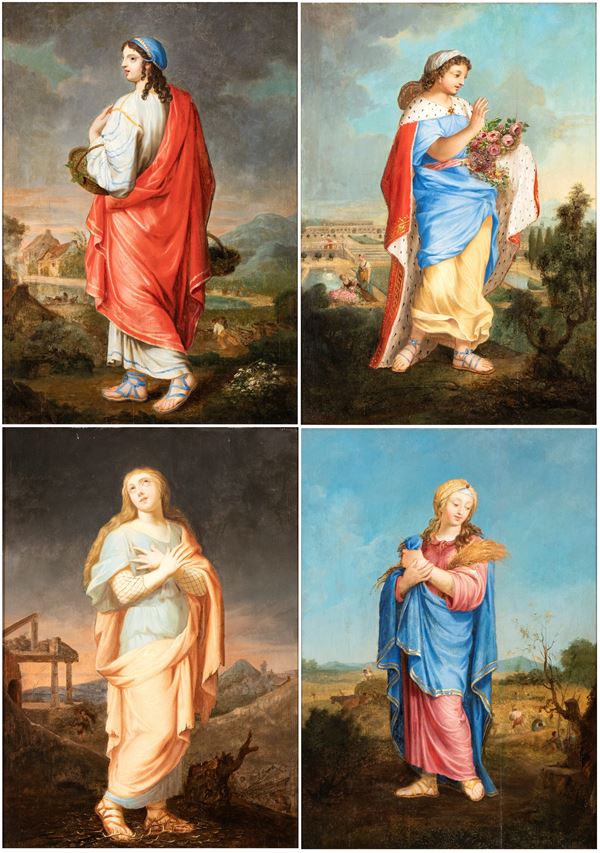 Artista francese, XVIII secolo - Allegory of the Seasons. a) Autumn; b) Spring; c) Winter; d) Summer. Series of paintings