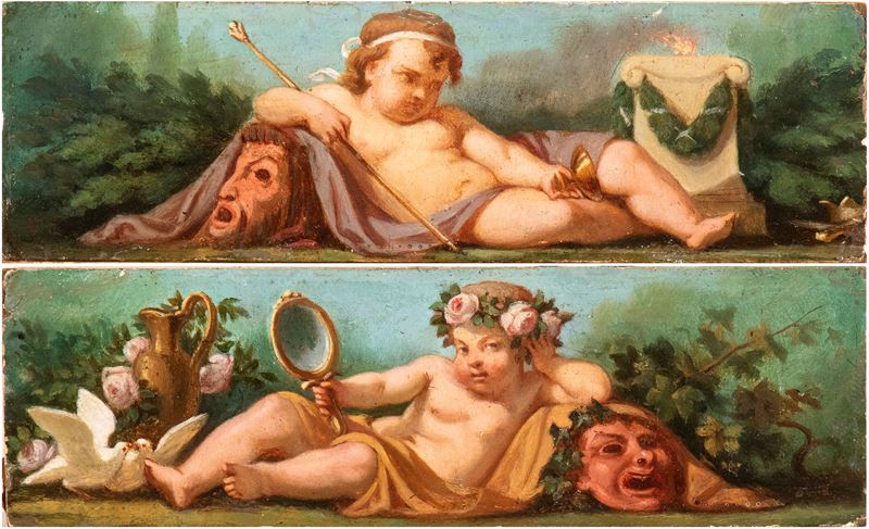Artista Francese, XVIII Secolo - Autore ignoto, Bacco infante con coppa, scettro e maschera; Bacc...