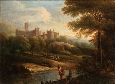 Autore ignoto, Paesaggio fluviale con figure e borgo fortificato sullo sfondo, olio su tela