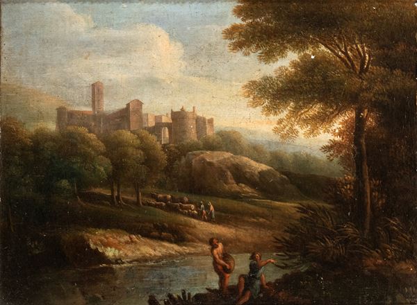 Artista attivo a Roma, fine XVII - inizio XVIII secolo - River landscape with figures and a fortified village in the background