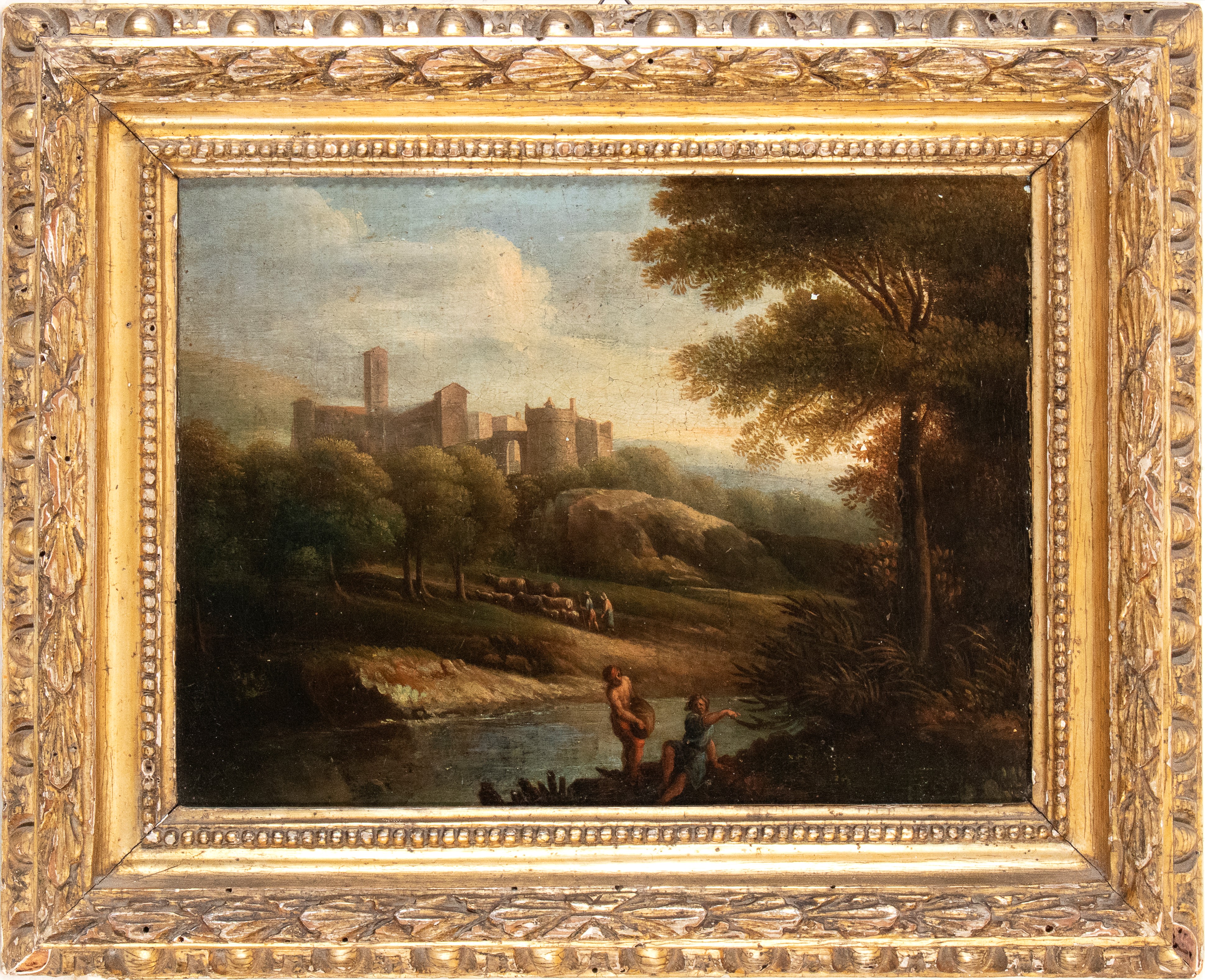 Artista Attivo a Roma, Fine XVII - Inizio XVIII Secolo - Autore ignoto, Paesaggio fluviale con fi...