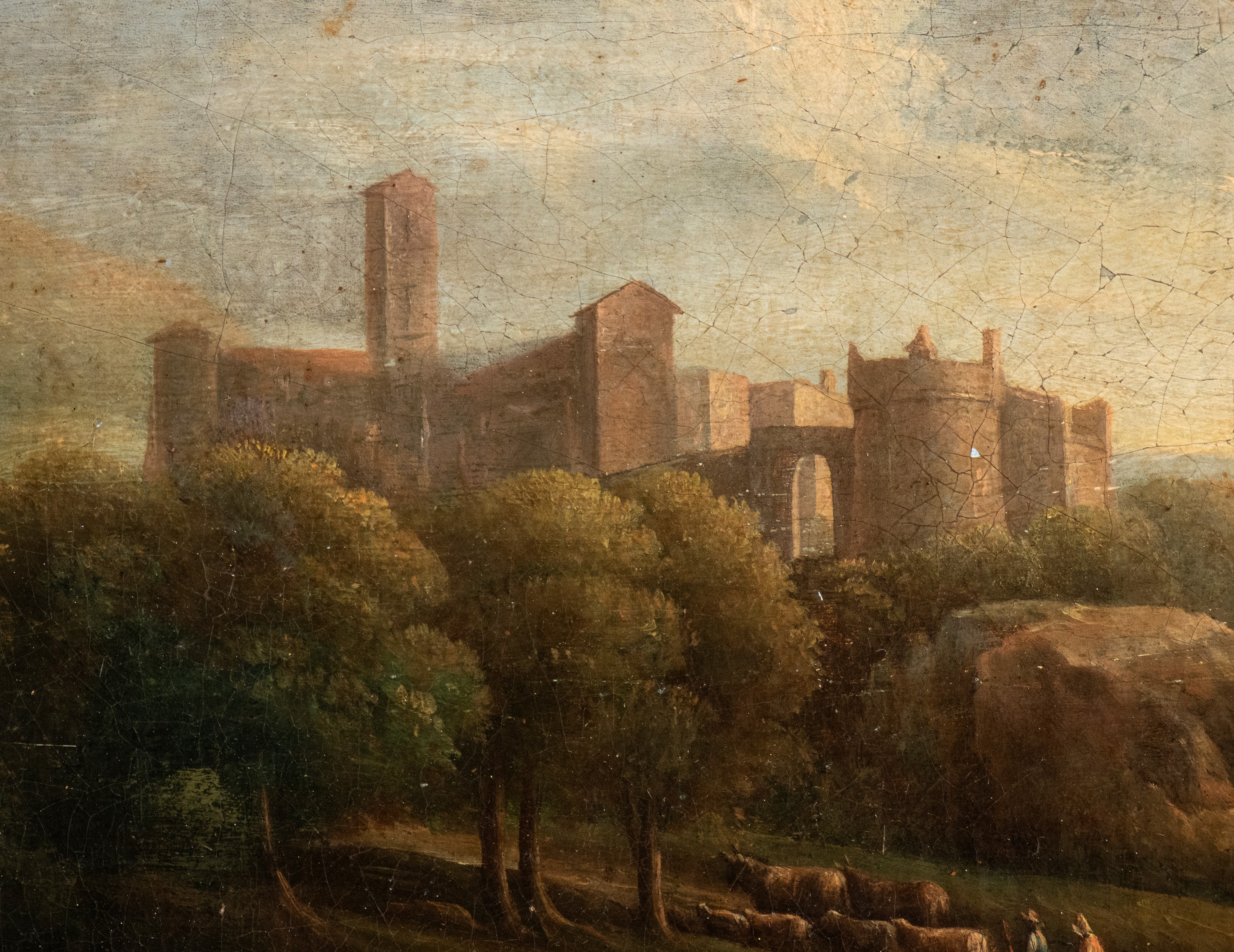 Artista Attivo a Roma, Fine XVII - Inizio XVIII Secolo - Autore ignoto, Paesaggio fluviale con fi...