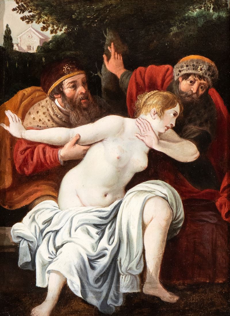 Artista Fiammingo, XVII Secolo - Autore sconosciuto, Susanna e i vecchioni, olio su rame