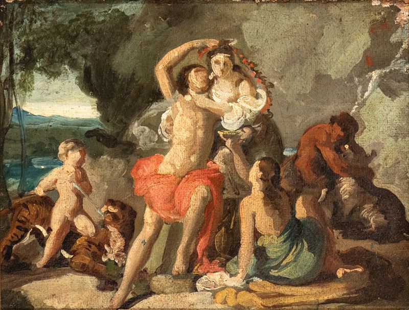 Artista Veneto, XVIII Secolo - Autore ignoto, Scena mitologica, olio su tela riportata su cartonc...