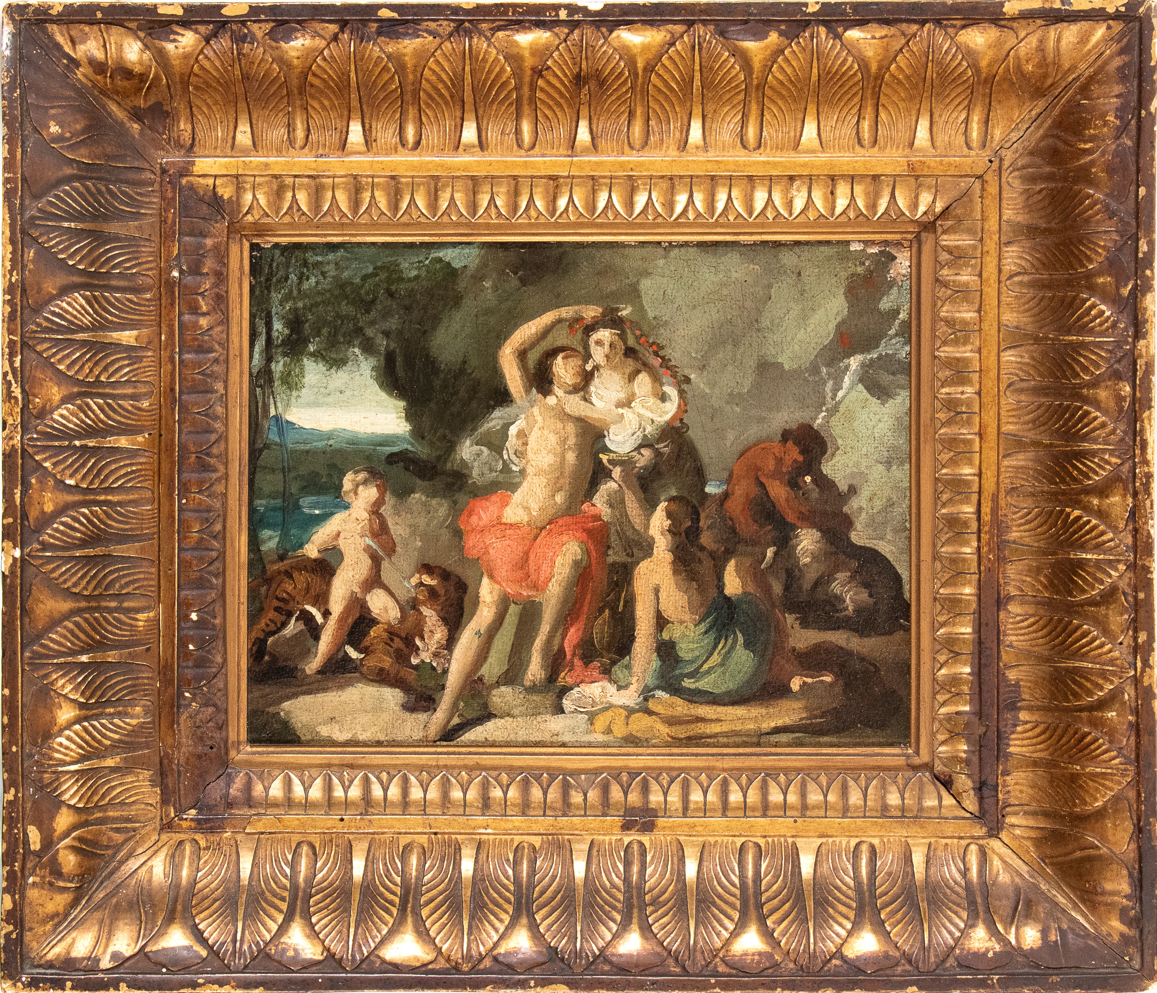 Artista Veneto, XVIII Secolo - Autore ignoto, Scena mitologica, olio su tela riportata su cartonc...