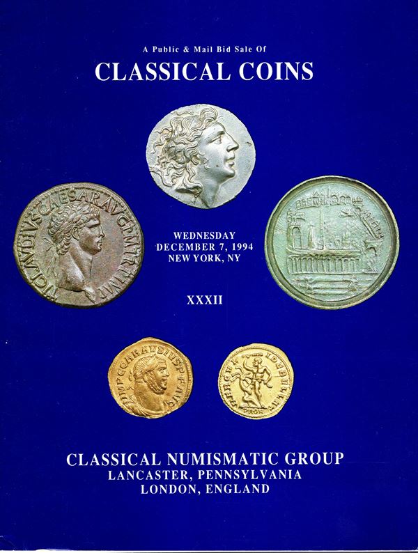 CLASSICAL NUMISMATIC ( CNG) - Auction XXXII. New York, 7 - December, 1994. pp 143, lots 2496, tutti illustrati + 1 plates a colori. Legatura ed. lista prezzi Aggiudicazioni, ottimo stato.