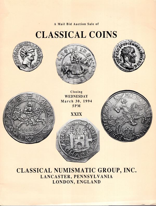 CLASSICAL NUMISMATIC ( CNG) - Auction XXIX closing date March, 30 - 1994. pp 192, lots 3862, tutti illistrati. Legatura ed. lista prezzi Aggiudicazione, ottimo stato