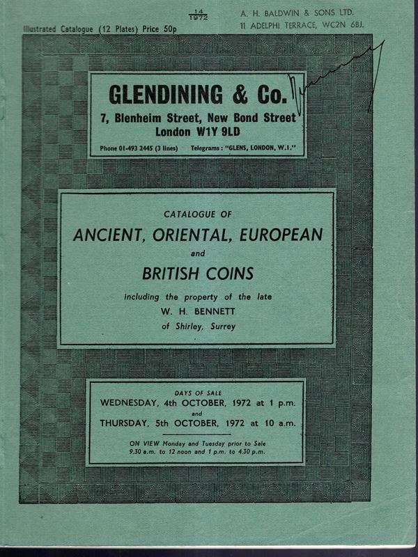 GLENDINING & CO. London, 4 - October, 1972. Coins of ancient, oriental, european and british. Collection W.H. Bennet. Pp 78, lots 808, 12. Brossura ed. prezzi aggiudicazione manoscritti, ottimo stato. Manville-Robertson, 46.