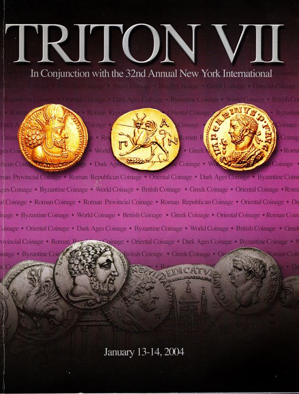 CNG. Triton VII. – New York, 13\14 – January, 2004. Greek and Roman coins….. Pp. 336, lots 1456, plates 23 a colori, + illustrazioni nel testo con ingrandiemnti. Legatura ed. lista prezzi Aggiudicazione, importante vendita.