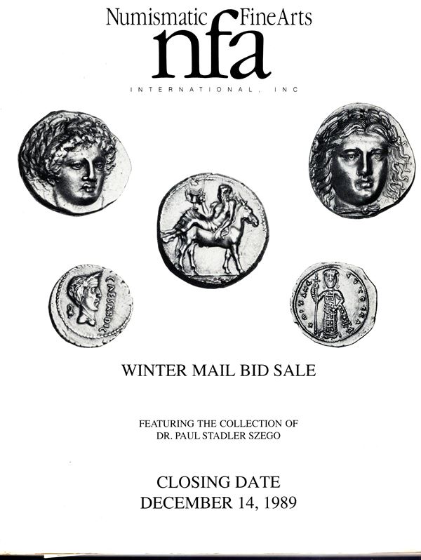 NUMISMATIC FINE ARTS- Los Angeles,  closing winter, date 14 - Decembre, 1989. Featuring  the collection of Dr. Paul Stadler Zego, Greek coins, greek coins from the " Asyut" hoard, roman coins the Szego collection, various roman and byzantine coins. Pp non