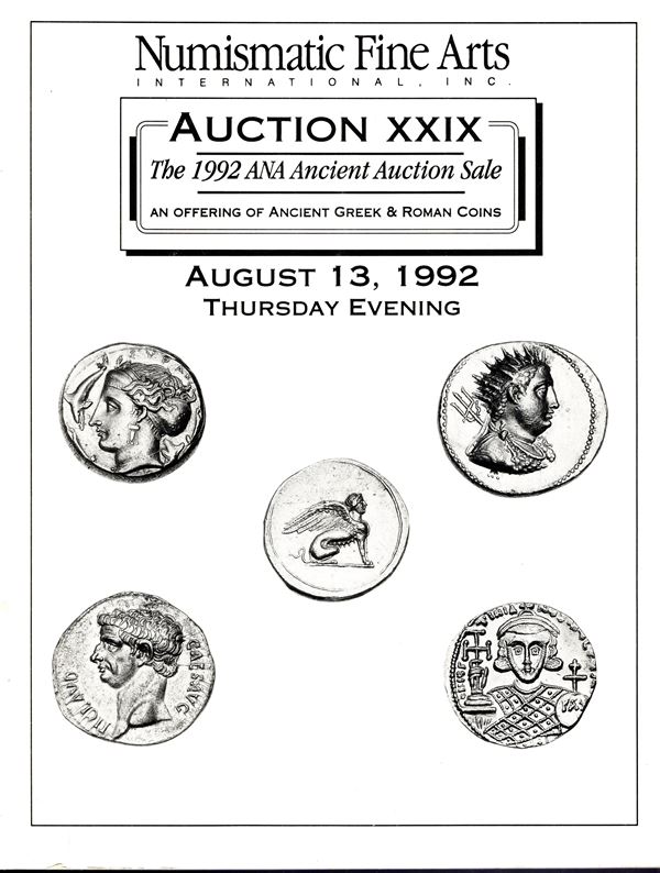 NUMISMATIC FINE ARTS. Auction XXIX. Santa Monica, 13 - August, 1992. Ancient greek & Roman coins. Pp non num. lots 491 tutti illustrati in tavole nel testo + 2 tavole ingrandimenti. Legatura ed. lista prezzi Aggiudicazione, ottimo stato.