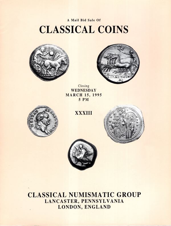 CLASSICAL NUMISMATIC GROUP - Auction XXXIII. Mail bid sale, closing 15 - March, 1995. Greek, Roman and Byzantine coins, World coins. Pp 183, lots 3186, tutti illustrati. Legatura ed. lista prezzi Aggiudicazione, ottimo stato.