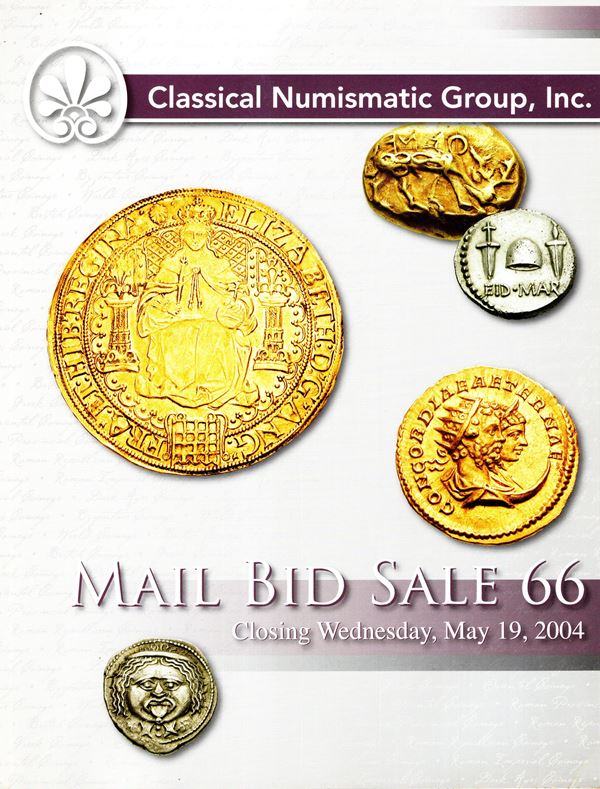CLASSICAL NUMISMATIC GROUP - Auction 66. Mail bid sale, closing 19 - May, 2004. Greek, Roman and Byzantine coins, World coins. Pp 167, lots 1855, tutti illustrati nel testo + 4 tavole a colori. Legatura ed. ottimo stato.