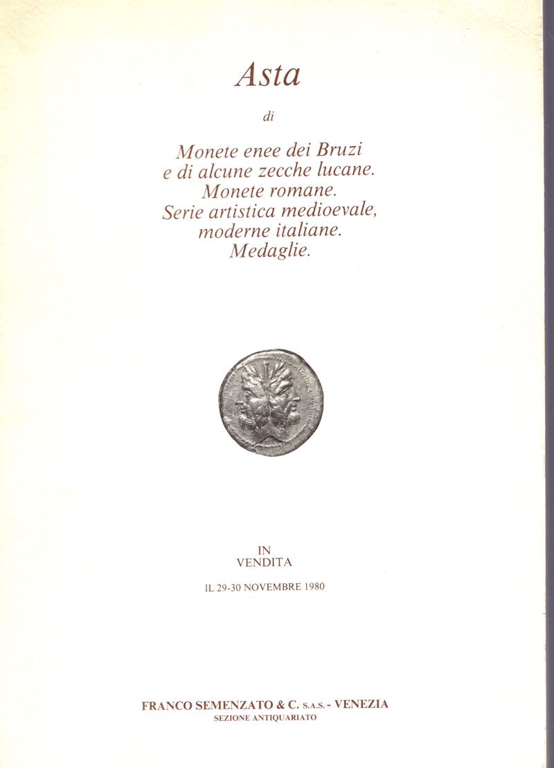 Semenzato F., Catalogo delle Monete e Medaglie, Venezia, 29-30 Novembre 1980