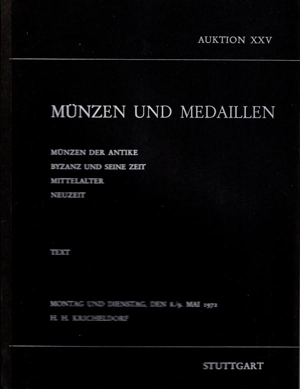 KRICHELDORF H.H. - Auktion XXV. Stuttgart, 8\9 - May, 1972. 2 volumi testo e tavole. Munzen der antike, Byzanz und seine zeit mittelater…. Pp 99, lots 1881, plates 39. Legatura ed. lista prezzi Aggiudicazioni. Ottimo stato.