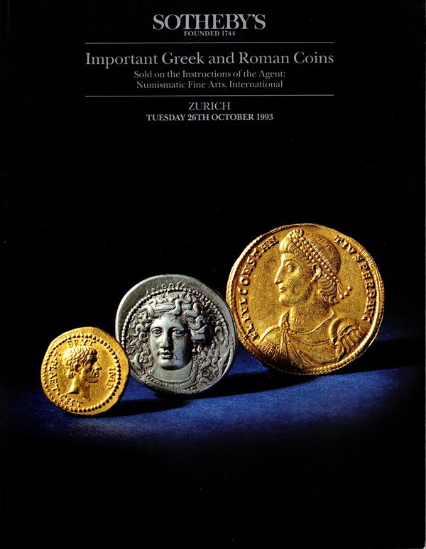 SOTHEBY’S. –  Zurich,  26 – October, 1993. Important Greek and Roman coins.  Nn. 156, tutti ill. b\n + tavole a colori con ingrandimenti. Legatura ed. interno ottimo stato, lista prezzi Aggiudicazione. Importante vendita
