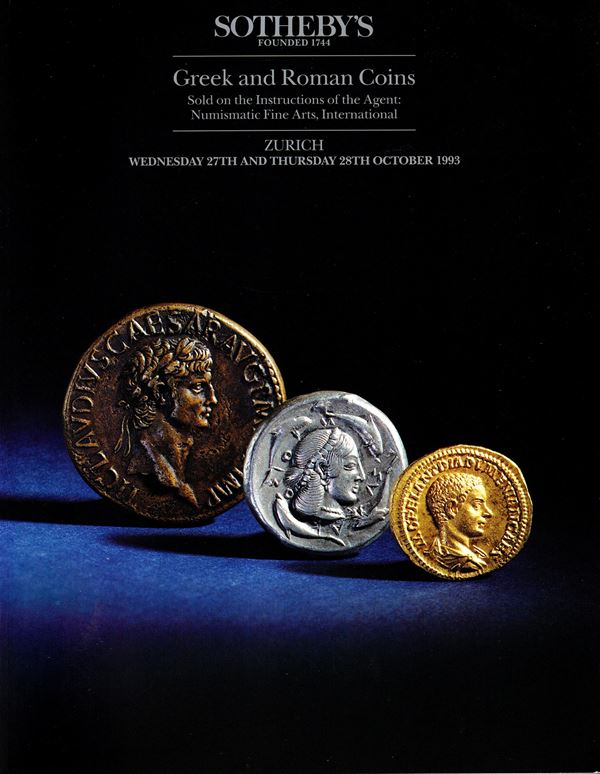 SOTHEBY’S. – Zurich, 27\28 – October, 1993. Greek and Roman coins.  Pp. num. lots 157 – 1890, tutti illustrati nel testo + 13 plates a colori. Legatura ed. lista prezzi Aggiudicazione interno ottimo stato