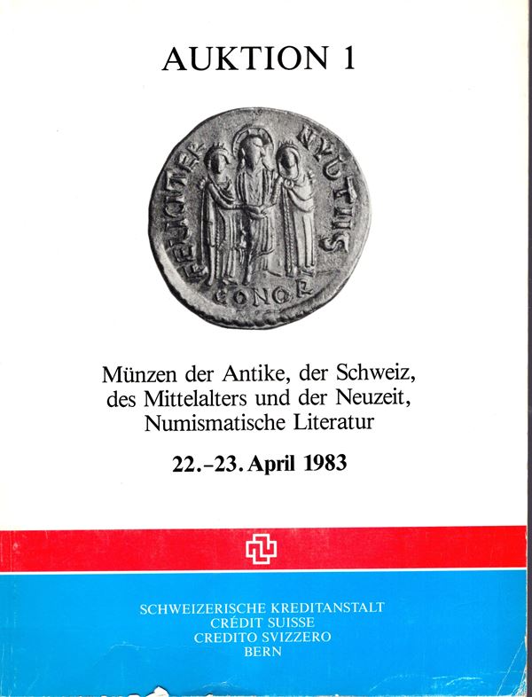 CREDITE SUISSE - Auction 1. Bern, 22\23 - April, 1983. Munzen der antike, der Scweiz, des Mittelaters und Neuzeit, numismatiche literatur. Pp 150, lots, 1056, tutti illustrati nel testo. Legatura ed. ottimo stato