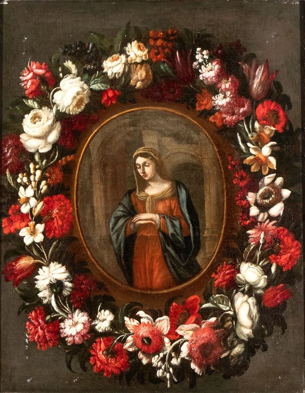 Painting of the Madonna in a garland of flowers