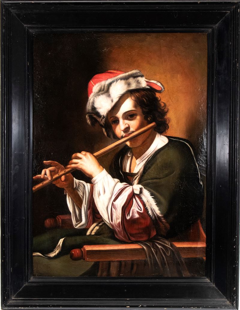 Giovane suonatore di flauto, olio su tela, XX secolo