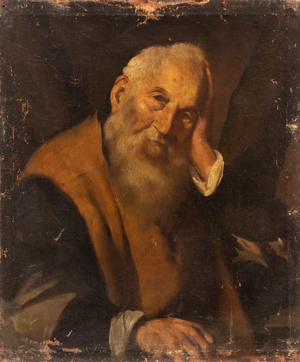 Artista lombardo, XVII secolo - Ritratto di anziano in posa malinconica