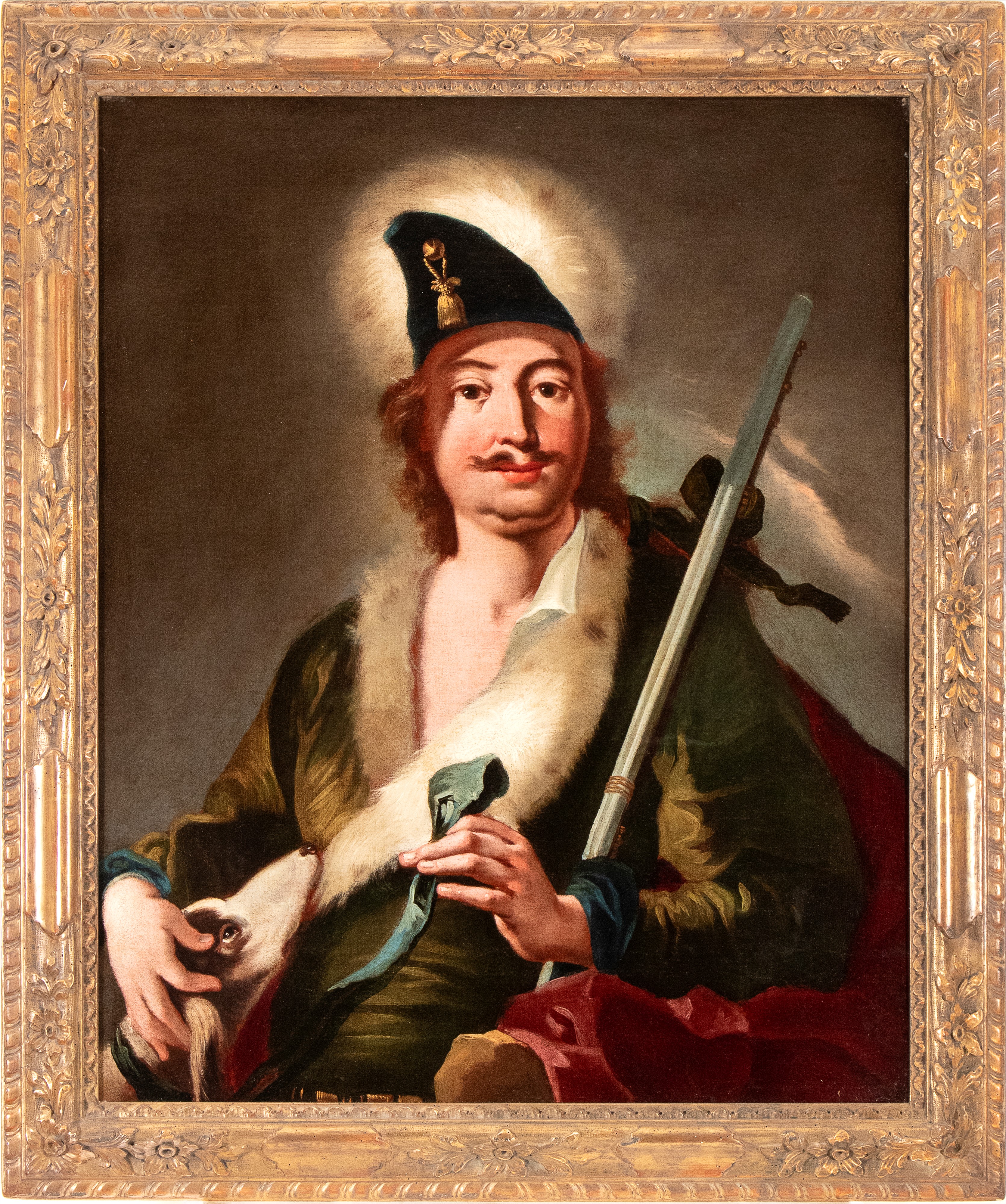 Soldato con cane e fucile da caccia