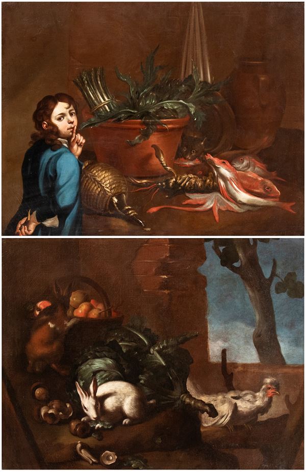 Artista lombardo, XVIII secolo - a) Still life with fish, vegetables, metalware, a boy, and a cat; b) Still life with vegetables, fruit, rabbits, and a rooster. Pair of paintings
