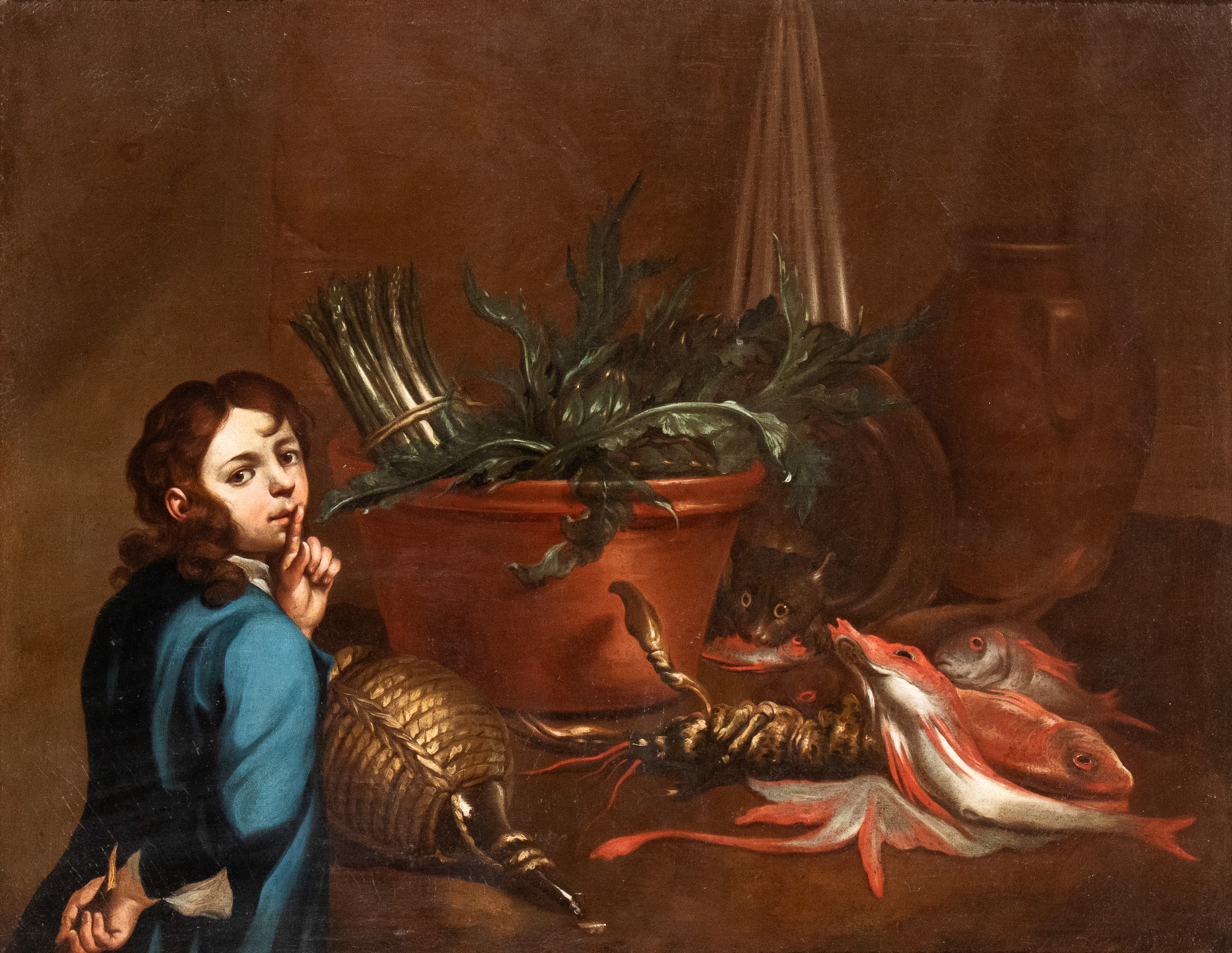 a) Natura morta con pescato, verdura, vasellame, ragazzo e un gatto; b) Natura morta con verdura,...