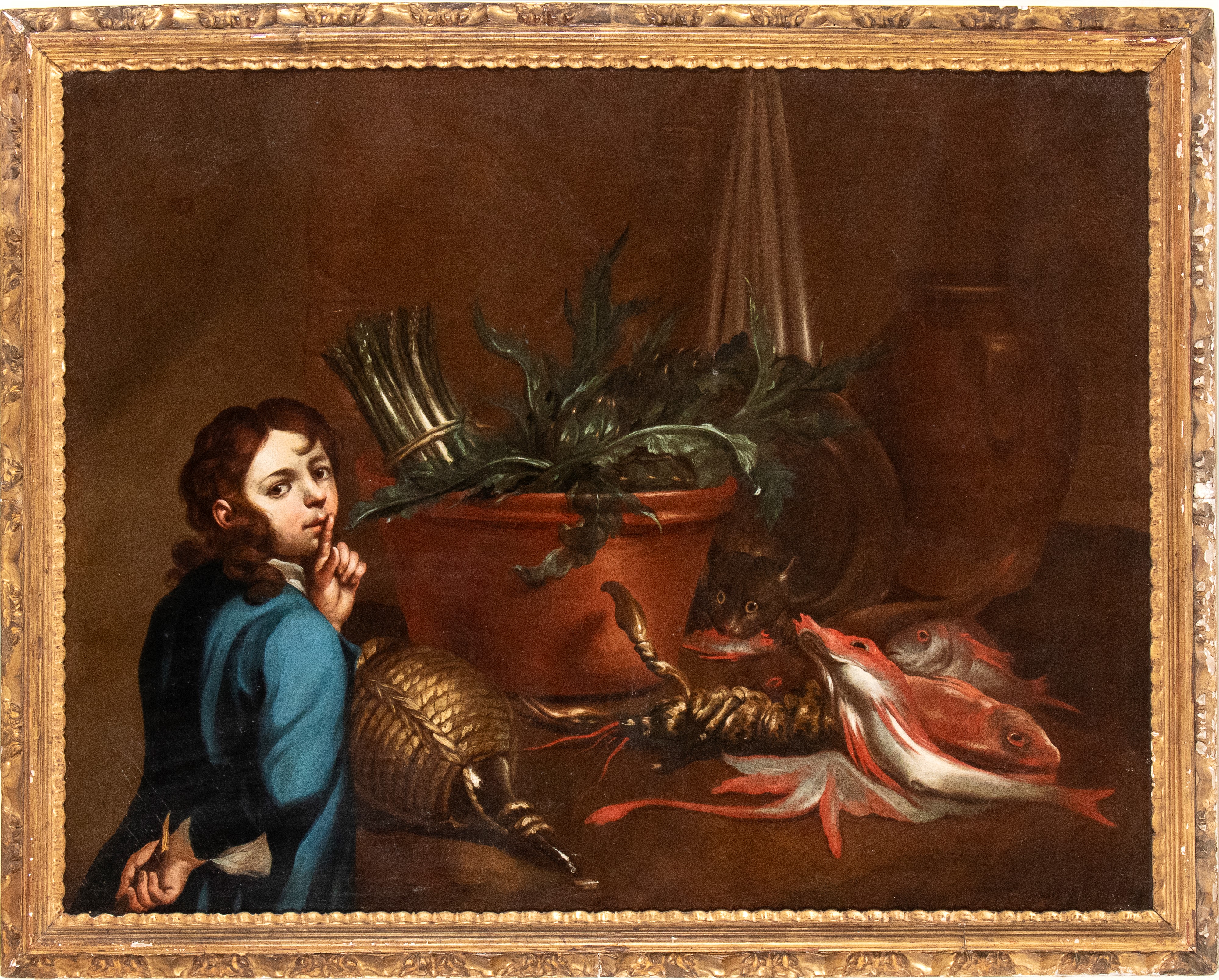 a) Natura morta con pescato, verdura, vasellame, ragazzo e un gatto; b) Natura morta con verdura,...