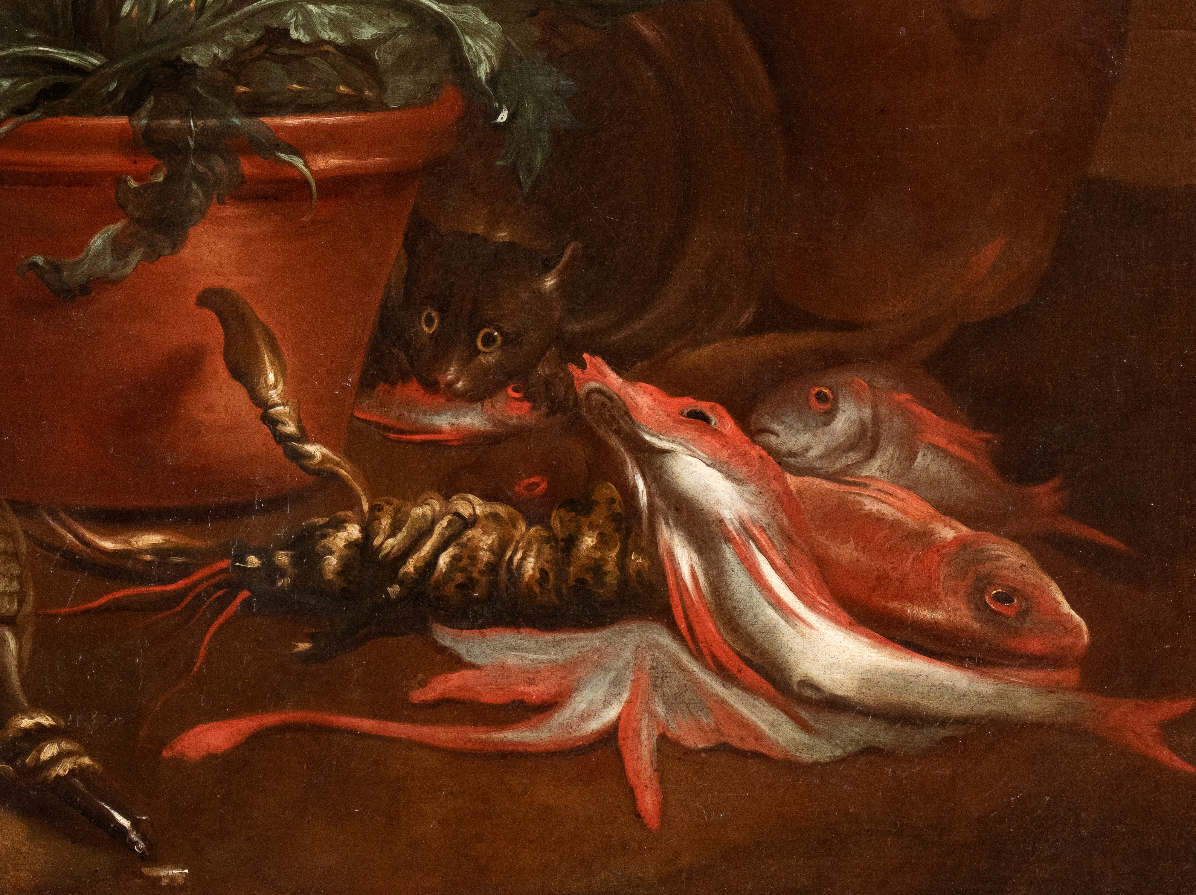 a) Natura morta con pescato, verdura, vasellame, ragazzo e un gatto; b) Natura morta con verdura,...