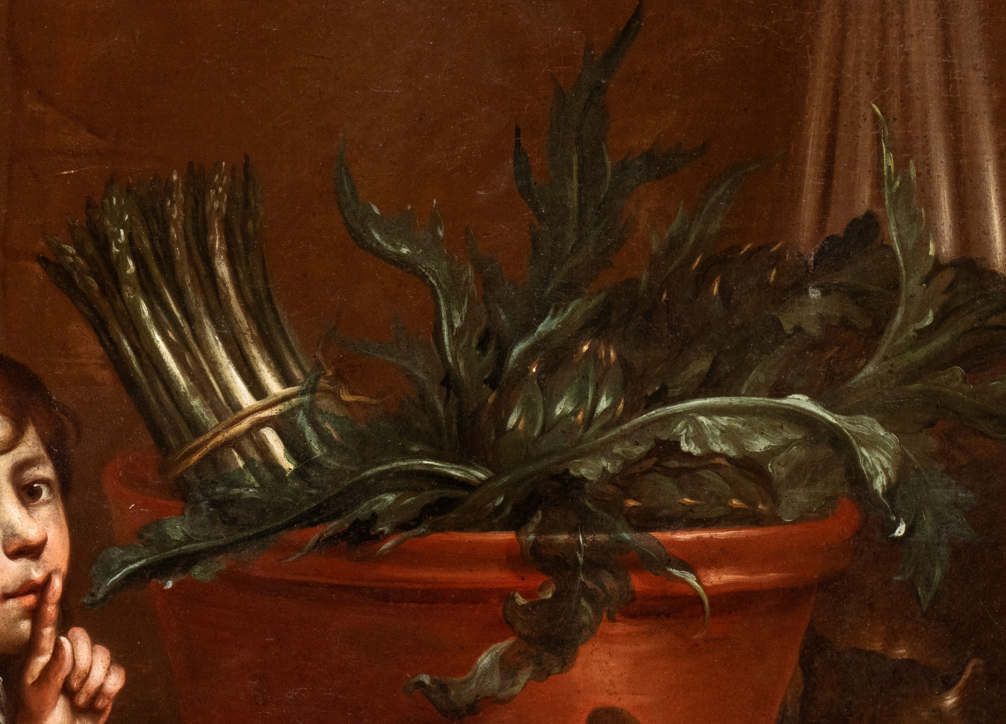 a) Natura morta con pescato, verdura, vasellame, ragazzo e un gatto; b) Natura morta con verdura,...