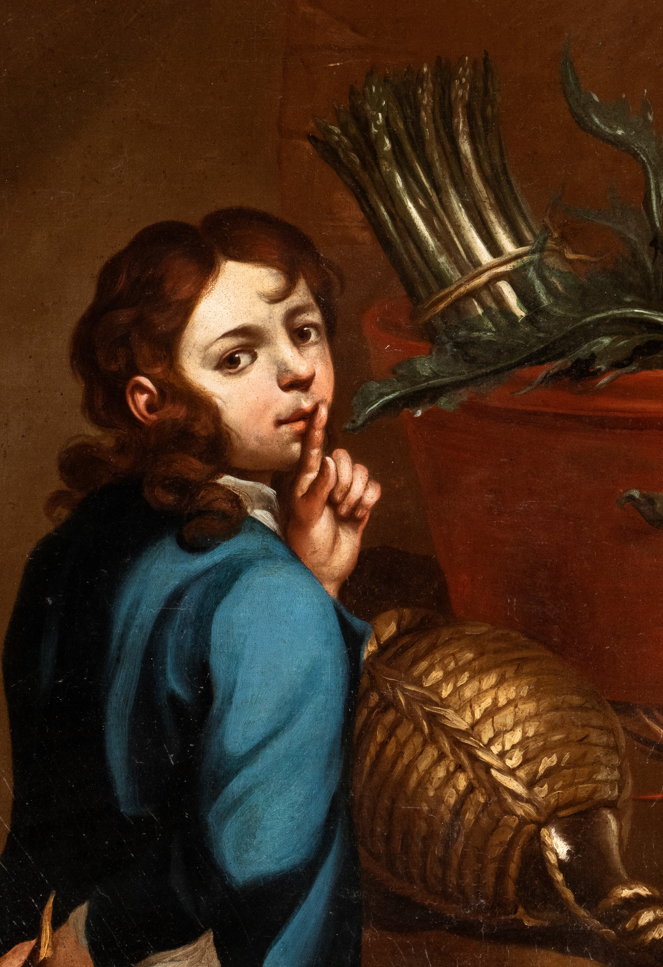 a) Natura morta con pescato, verdura, vasellame, ragazzo e un gatto; b) Natura morta con verdura,...