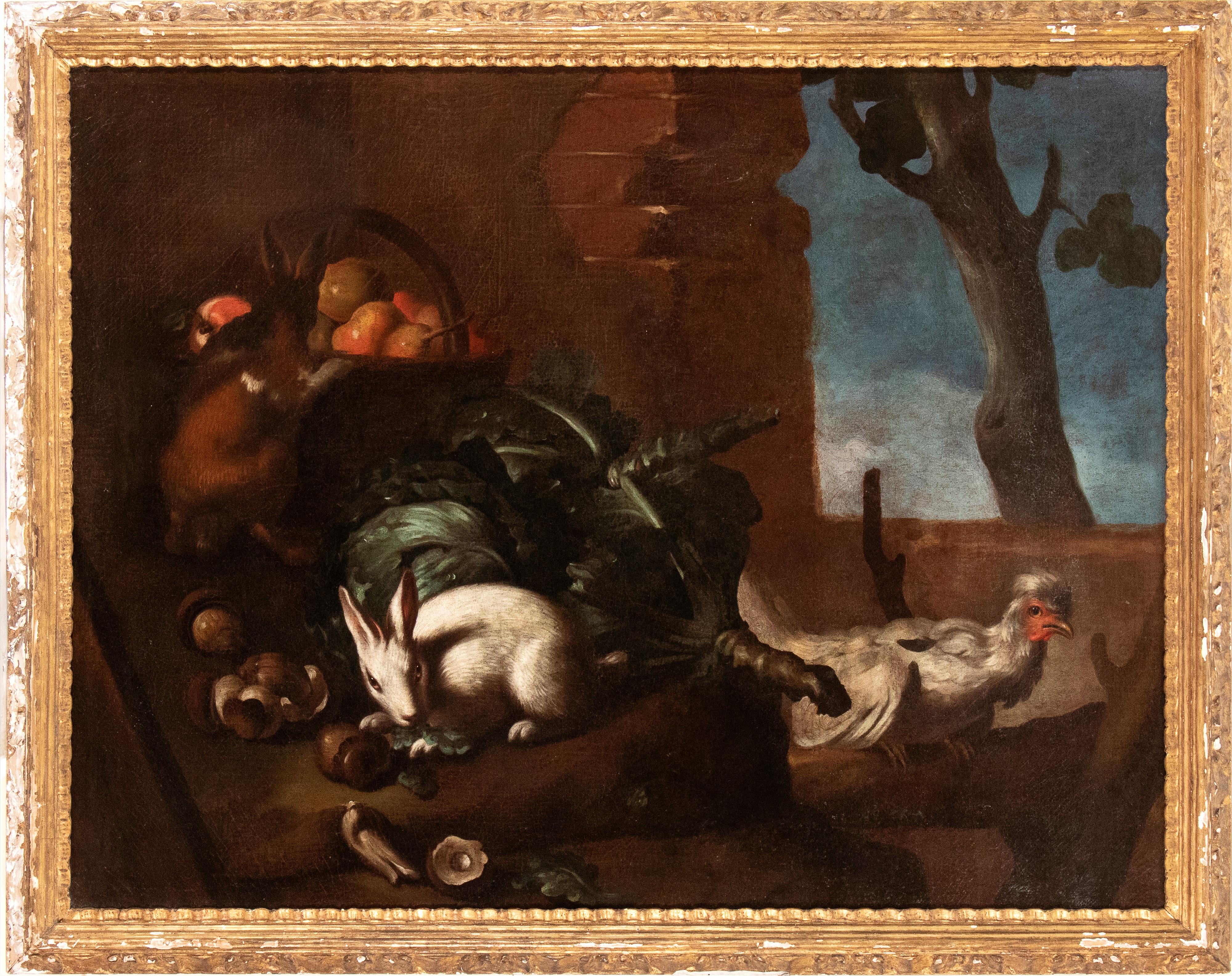 a) Natura morta con pescato, verdura, vasellame, ragazzo e un gatto; b) Natura morta con verdura,...