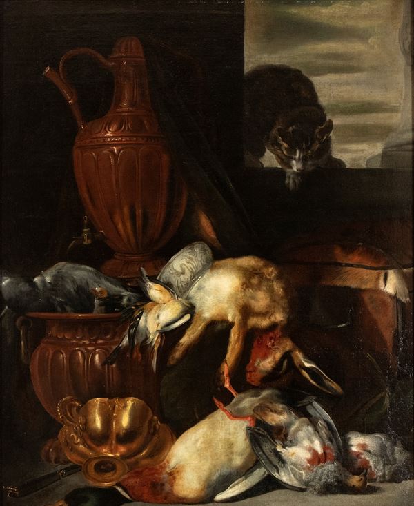 Artista fiammingo, XVII secolo - Still life with game, cat, and metalware