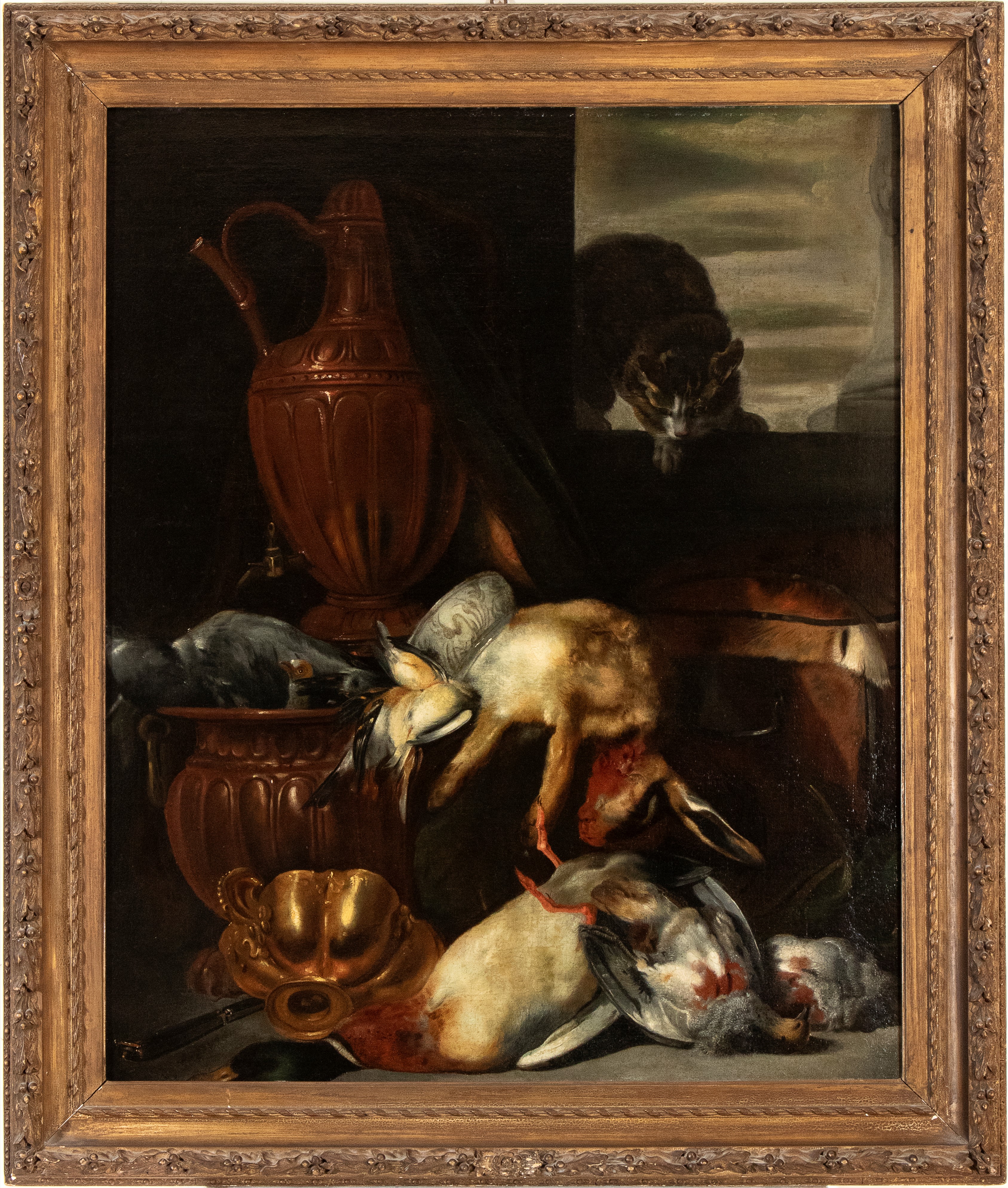 Natura morta di cacciagione con gatto e vasellame