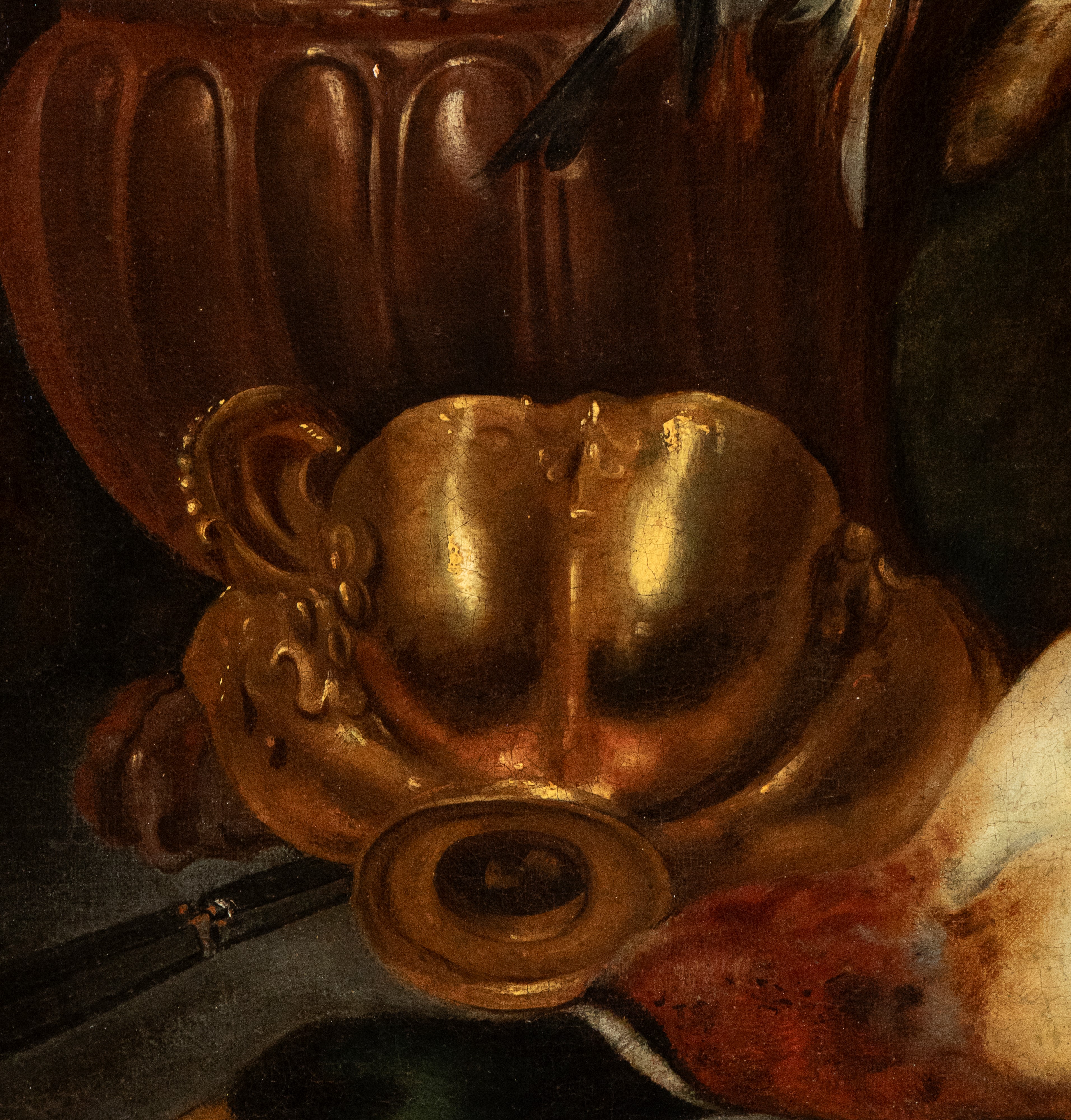 Natura morta di cacciagione con gatto e vasellame