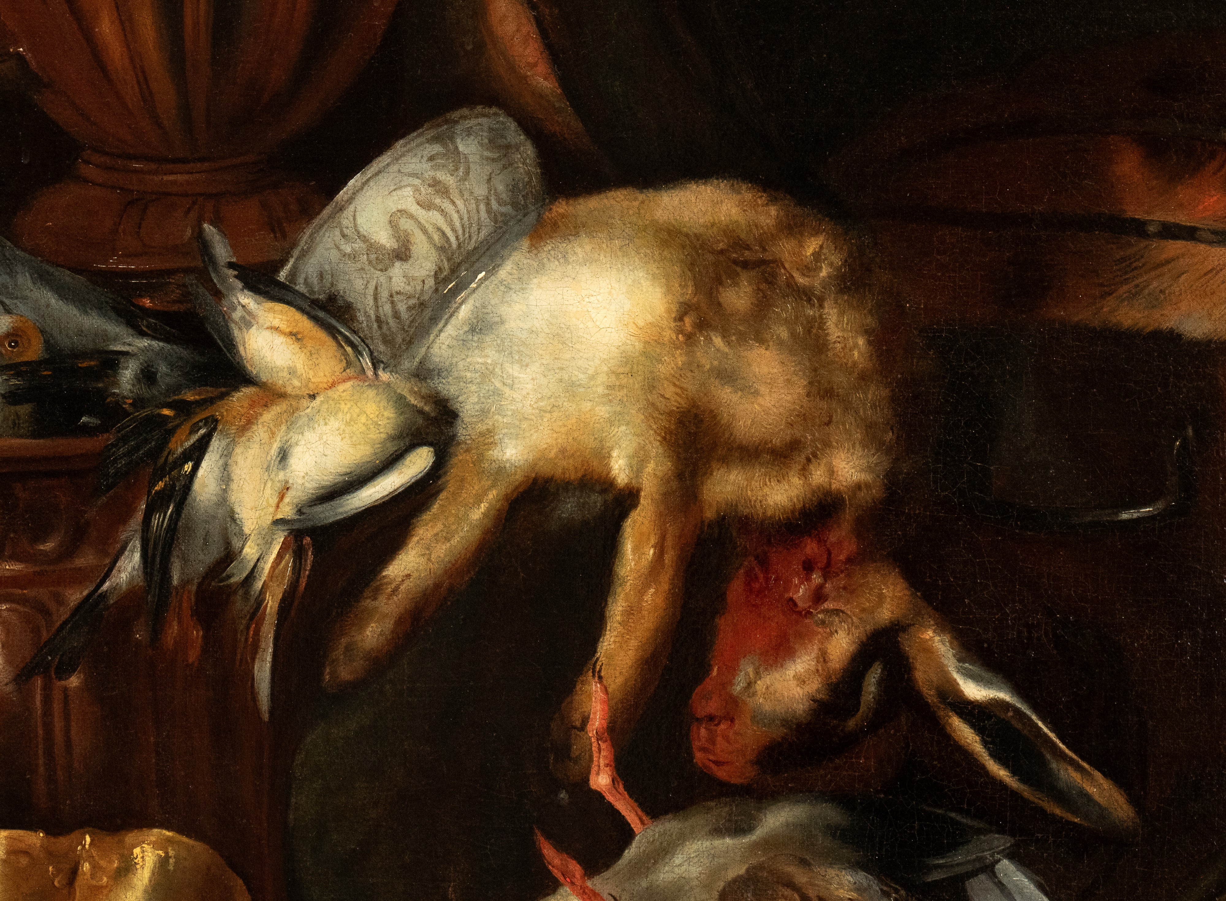 Natura morta di cacciagione con gatto e vasellame