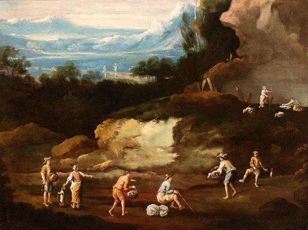 Artista veneto, XVIII secolo - Landscape with a group of peasants