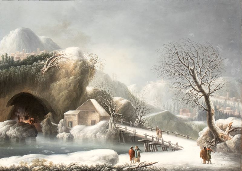 Paesaggio innevato con ponte, casa, grotta e viandanti