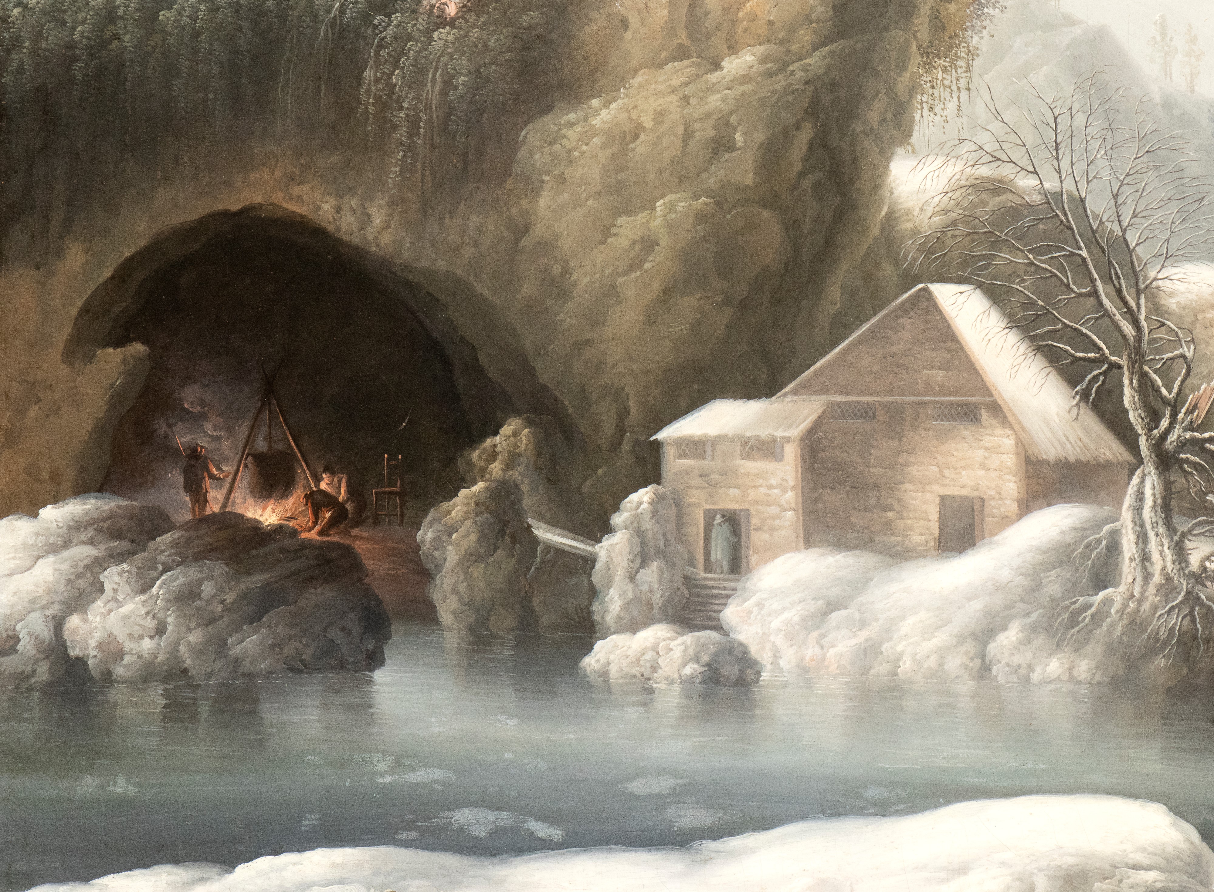 Paesaggio innevato con ponte, casa, grotta e viandanti