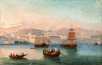 Autore ignoto, Veduta di Istanbul col Corno d'Oro dal Bosforo, olio su tela